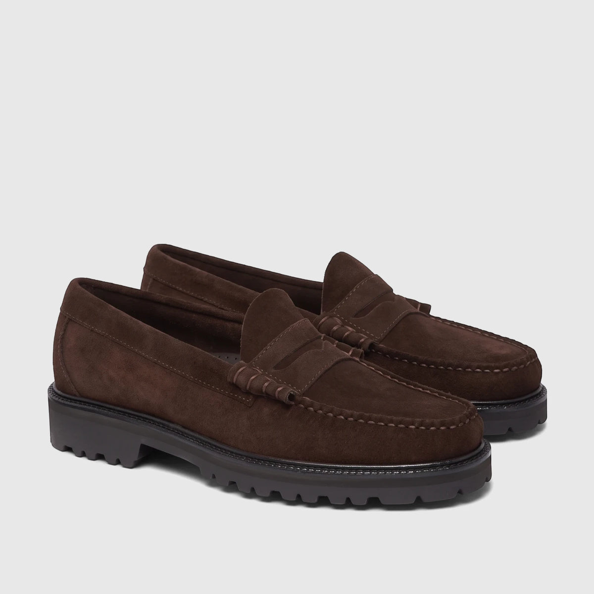 Men's Bass Weejun Lug Larson chunky sole loafers in rich chocolate brown suede, viewed from an angle.