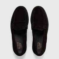 Pair of Bass Men's Weejun Lug Larson loafers in black suede, featuring a chunky sole and classic penny strap design, viewed