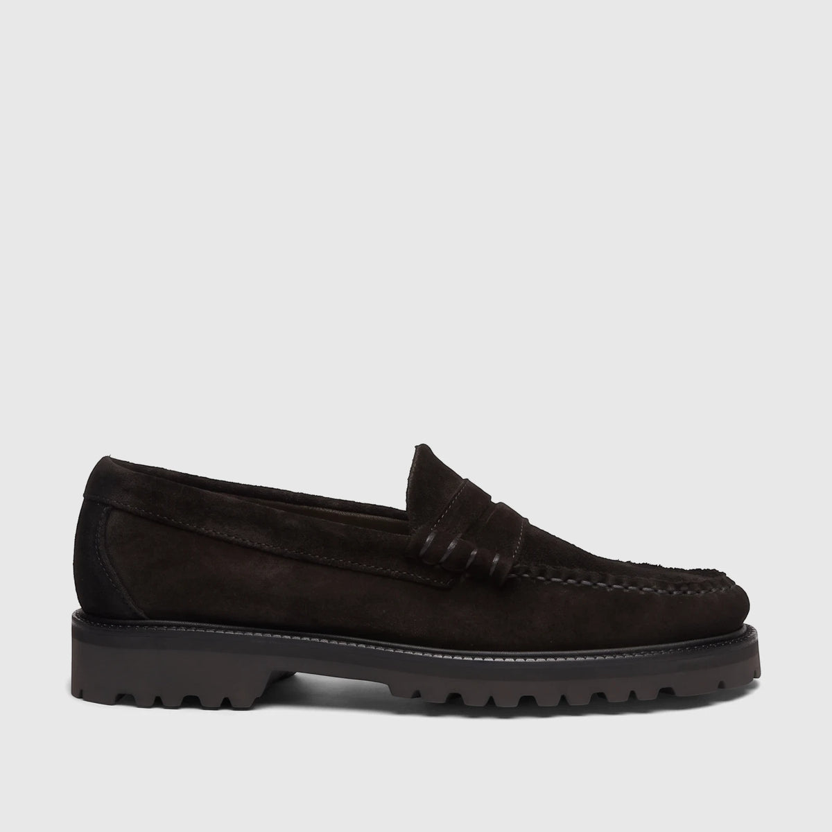 Men's black suede Bass Weejun Lug Larson loafers with a chunky lug sole, shown in a side profile view.