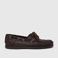 Men's dark brown textured leather G.H. Bass boat shoe with brown laces and silver eyelets, shown from a side view.