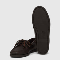 Dark brown textured leather Bass Men's Jetty II Boater 2 Eye boat shoes, one upright and one on its side, studio shot.