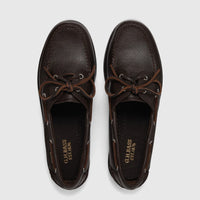 Top-down view of Bass Men's Jetty II Boater 2 Eye boat shoes in dark brown pebbled leather with brown laces.