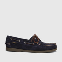 Men's G.H. Bass Jetty II boat shoe in navy suede, featuring brown leather laces and an olive green sole, shown in a side
