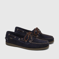 Pair of Bass Men's Jetty II Boater shoes in navy suede with brown leather laces and visible stitching, displayed.