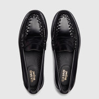 Pair of black leather Bass Men's Larson Weave BA11010F 00X loafers, featuring detailed woven vamp, seen from a top-down