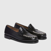 Pair of Bass Men's Larson Weave Penny Loafers in black polished leather with distinctive white woven vamp detailing, shown