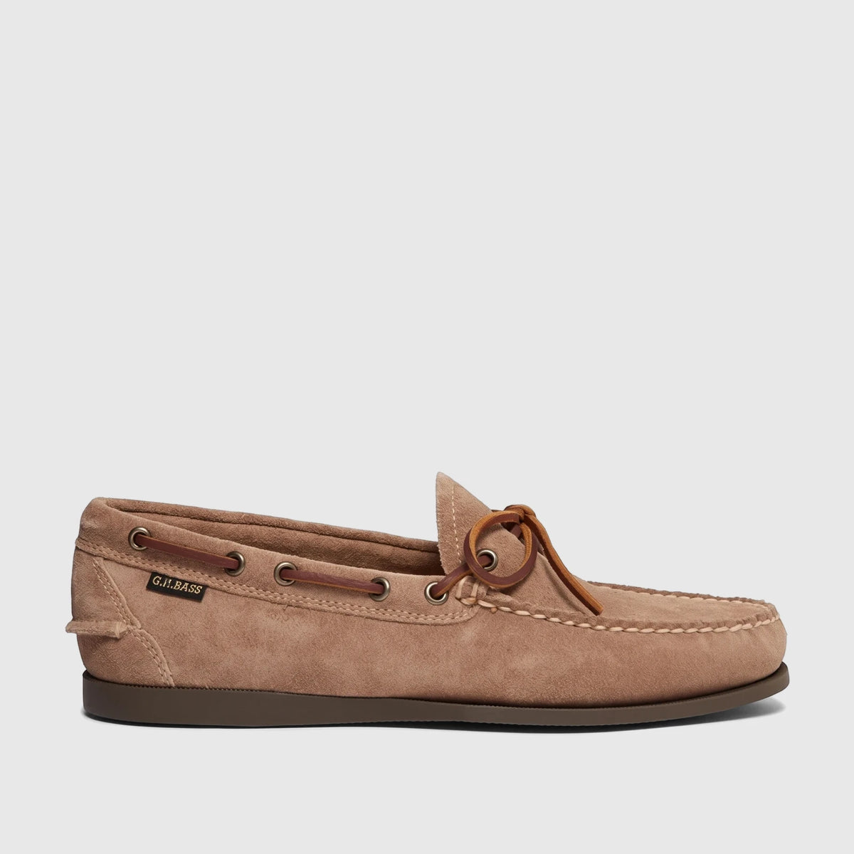 Bass Men's Loafer Camp Moc Decker in earth suede, featuring a side profile view with leather laces.