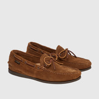 A pair of Bass Men's Loafer Camp Moc Decker BA12002 mid brown suede shoes, with leather laces, facing slightly right.