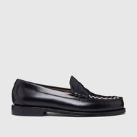 Black leather men's penny loafer with distinctive white woven details on the vamp, shown from a side angle.
