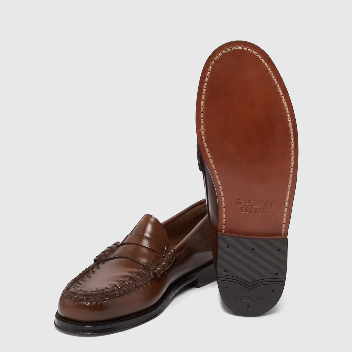 Mid brown leather Bass Men's Loafer Larson Weave shoes, featuring intricate vamp weave, classic stitching, and polished