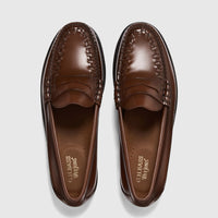 Pair of G.H. Bass Weejuns men's Larson Weave penny loafers in mid-brown polished leather, shown from an overhead view.