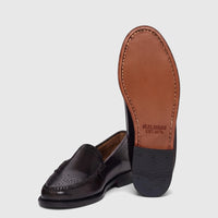 Pair of Bass Men's Weejun Venetian Brogue loafers in black leather, featuring perforated detailing and a visible sole.