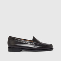 Black leather men's Bass Weejun Venetian Brogue loafers, side view, featuring detailed brogue perforations and moc-toe