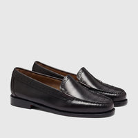 A pair of Bass Men's Loafer Weejun Venetian Brogue shoes in polished black leather with brogue detailing and a penny strap.