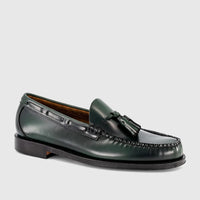 Dark green leather men's tassel loafer shoe by Bass, Weejun Larkin Moc style, showing the side and front view.