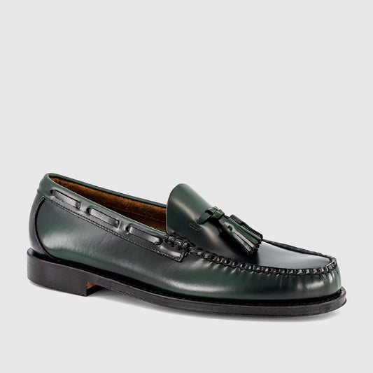 Bass Men's Loafer Weejun Larkin Moc Tassel BA11015E in dark green leather, featuring classic moc-toe stitching and a sturdy