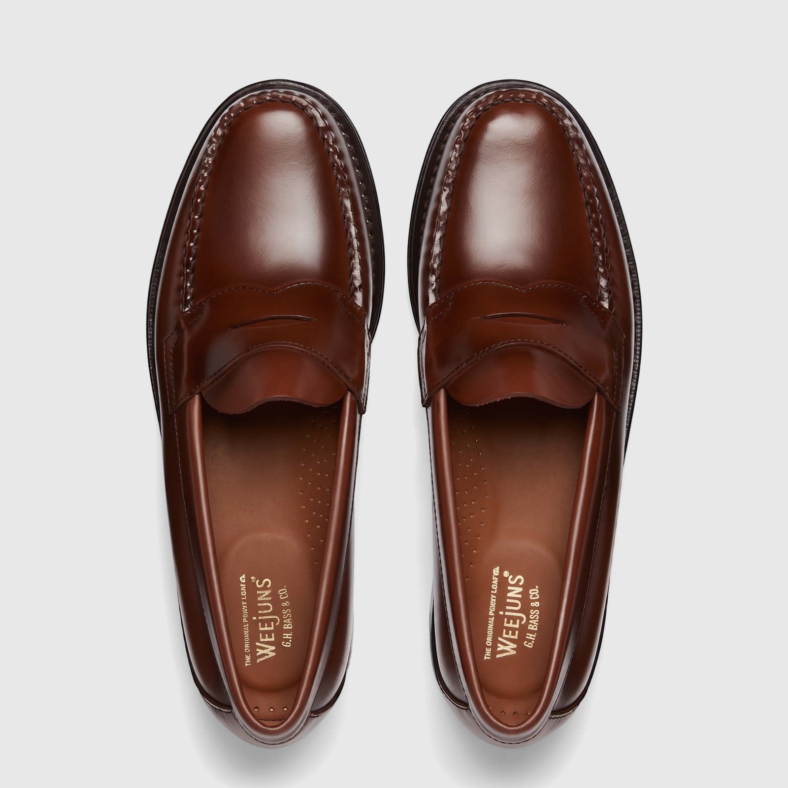 Top-down view of a pair of classic Bass Men's Weejun Logan penny loafers in rich brown leather, showcasing moc-toe stitching