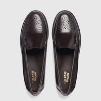 Pair of Bass Men's Weejun Venetian Brogue BA11007 black leather loafers with intricate perforated detailing, seen from a