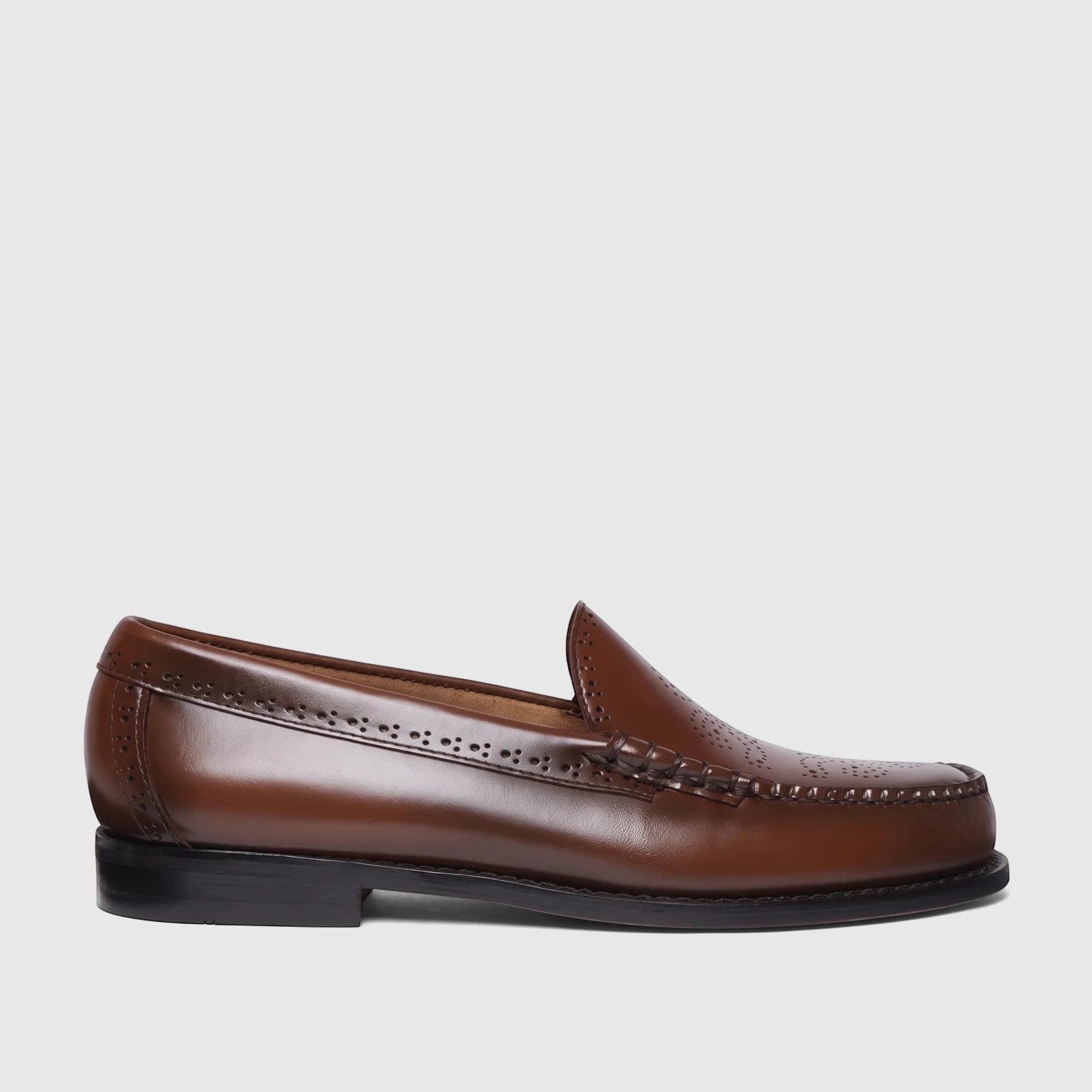 Brown leather Bass Men's Weejun Venetian Brogue loafer shoe with decorative perforations and a stitched vamp detail, viewed