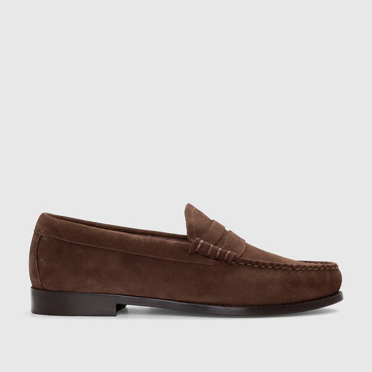 Men's Bass Weejuns Larson loafer in dark brown suede, showcasing the side profile and detailed stitching.