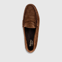 Dark brown suede Bass Men's Weejuns Larson penny loafer, featuring visible stitching and brand logo on the insole, viewed