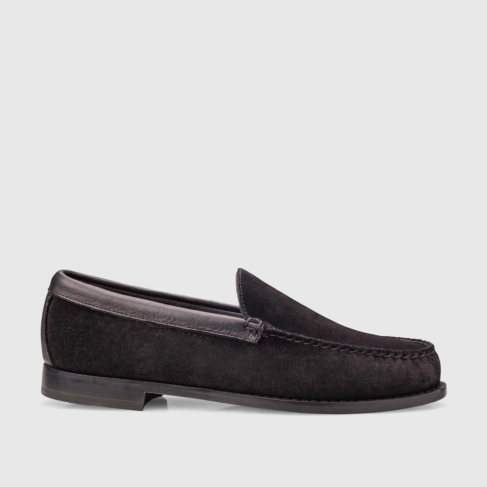 Black suede Bass Men's Weejuns Venetian loafers, shown in a side profile view, highlighting the material and classic design.