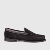 Black suede Bass Men's Weejuns Venetian loafers, shown in a side profile view, highlighting the material and classic design.
