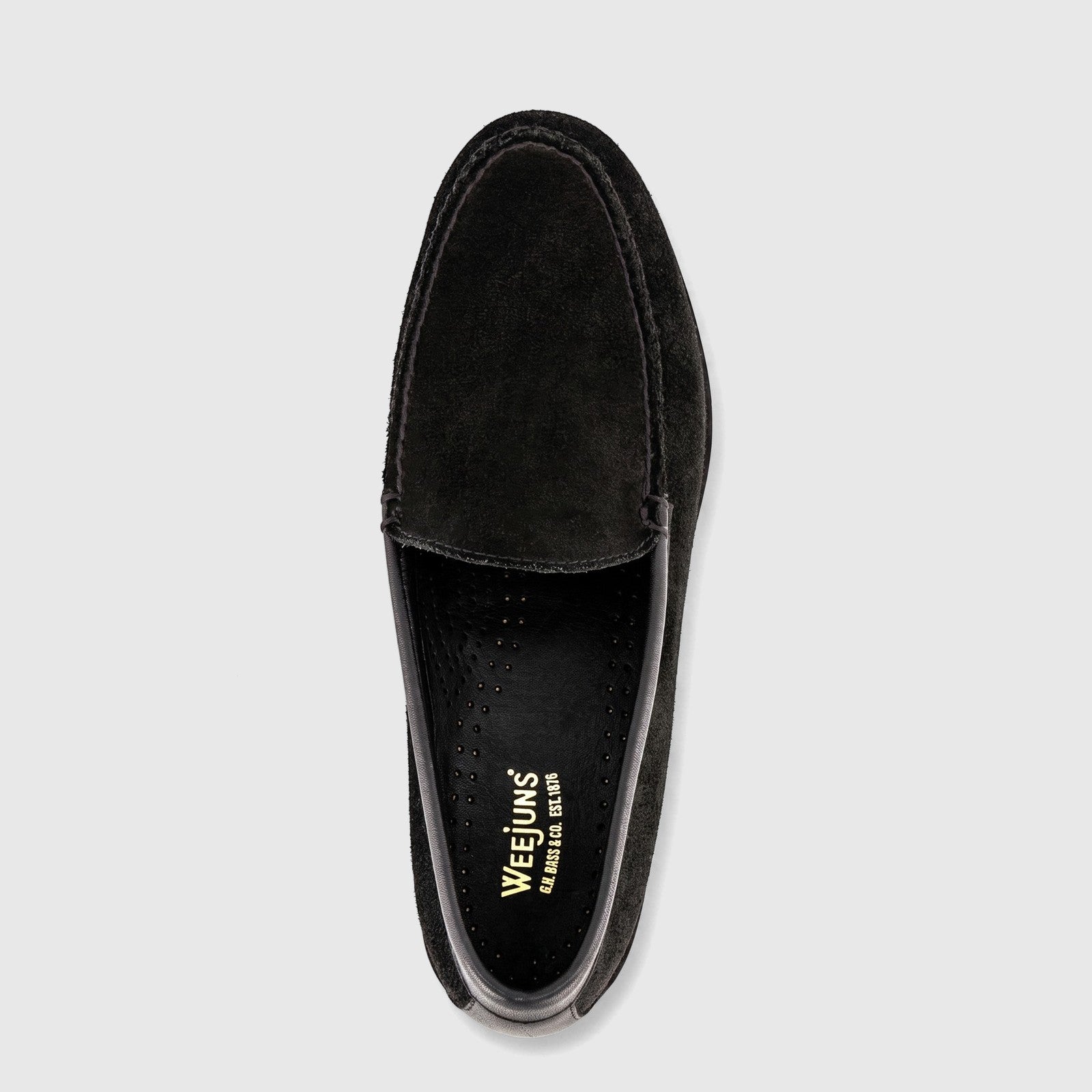 Bass Men's Weejuns Venetian loafer in black suede, shown from a top-down view, highlighting its classic design.