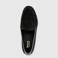 Bass Men's Weejuns Venetian loafer in black suede, shown from a top-down view, highlighting its classic design.