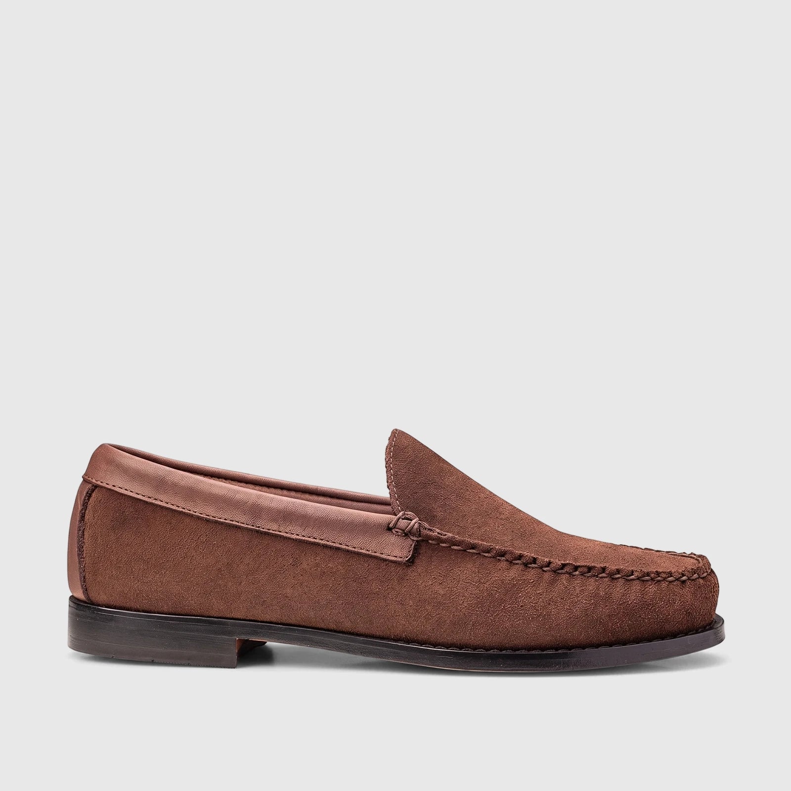 Men's Bass Weejuns Venetian loafer in dark brown suede, featuring a side view of the shoe.