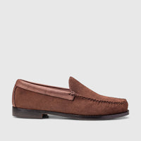 Men's Bass Weejuns Venetian loafer in dark brown suede, featuring a side view of the shoe.