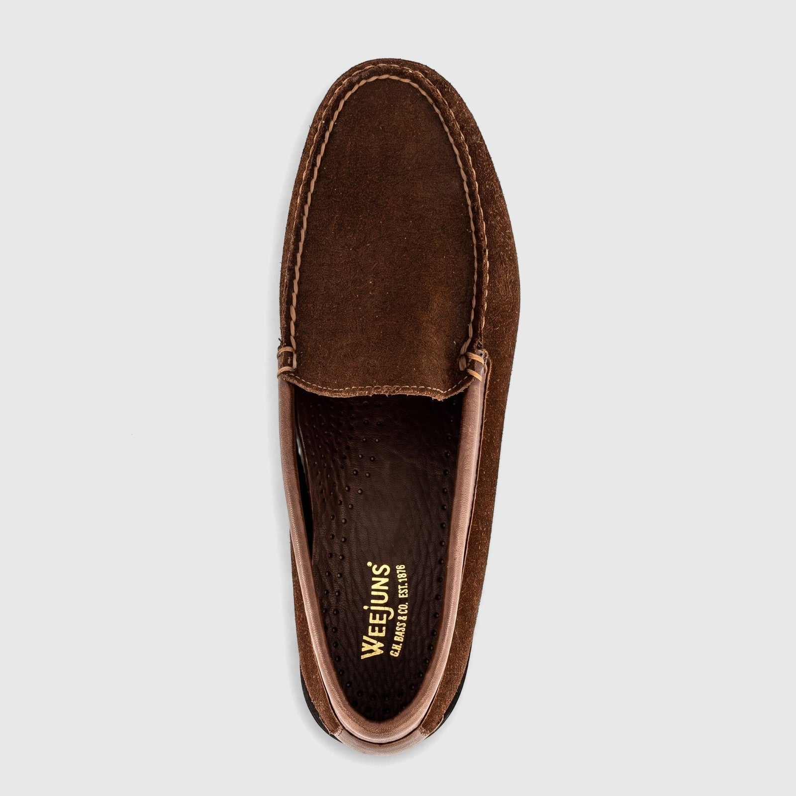 Dark brown suede Bass Men's Weejuns Venetian loafer, shot from an overhead perspective, displaying classic stitching details.