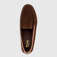 Dark brown suede Bass Men's Weejuns Venetian loafer, shot from an overhead perspective, displaying classic stitching details.