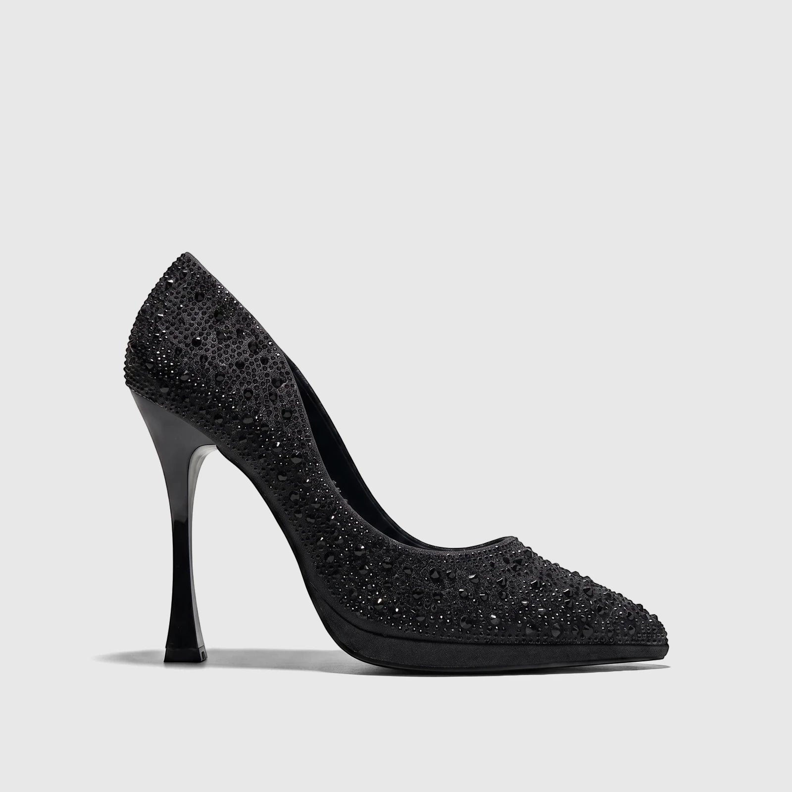 Black Bulbul Ladies Evening Court Shoe LU026 with an all-over studded design, high heel, and pointed toe, viewed from the