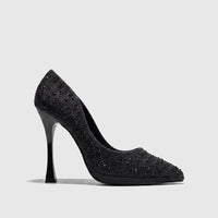 Black Bulbul Ladies Evening Court Shoe LU026 with an all-over studded design, high heel, and pointed toe, viewed from the
