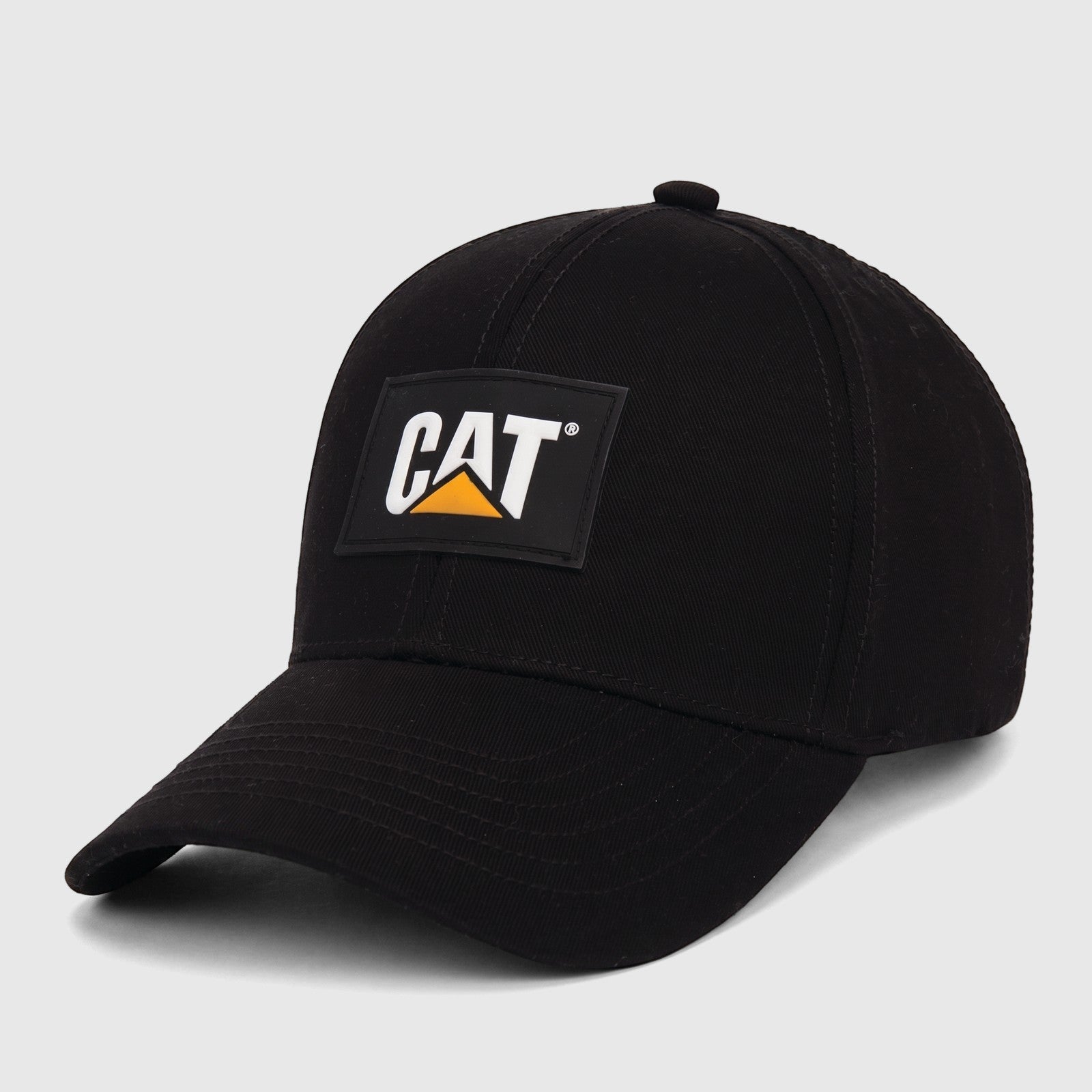 Black Cat Patch baseball cap with a white and yellow logo, viewed from a slightly angled front-side perspective.