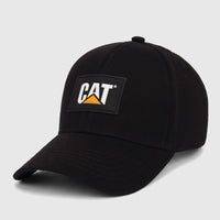 Black Cat Patch baseball cap with a white and yellow logo, viewed from a slightly angled front-side perspective.
