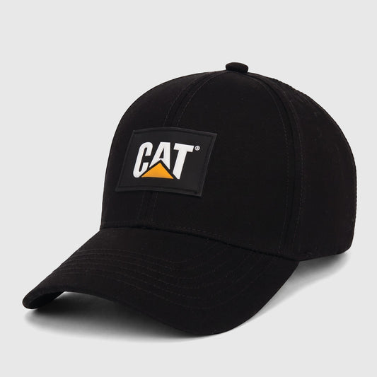 Black Cat Patch baseball cap with a white and yellow logo, viewed from a slightly angled front-side perspective.