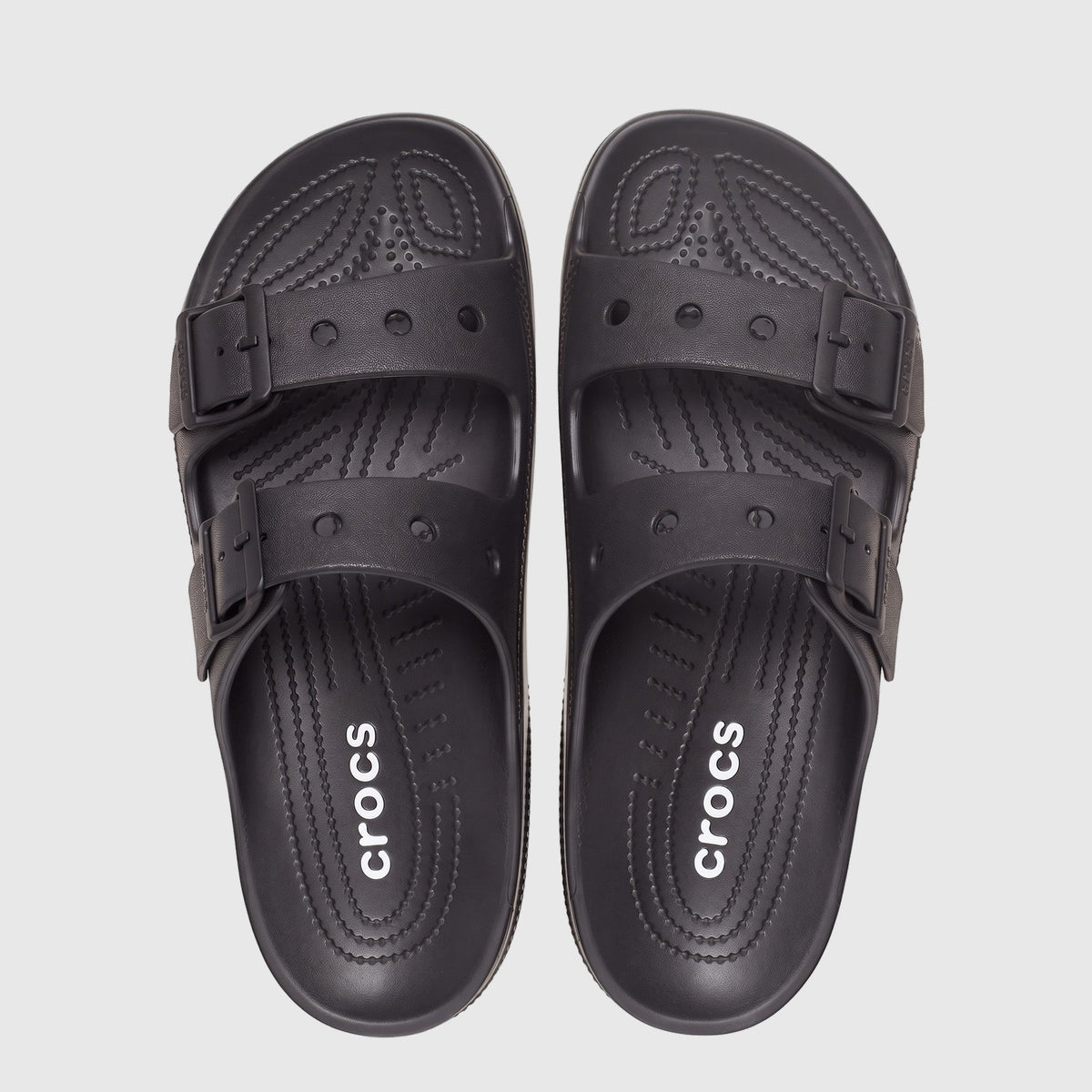 Black Crocs Saturday Sandal 212245-001, top-down view. Features two adjustable straps with buckles and a comfortable,