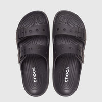 Black Crocs Saturday Sandal 212245-001, top-down view. Features two adjustable straps with buckles and a comfortable,