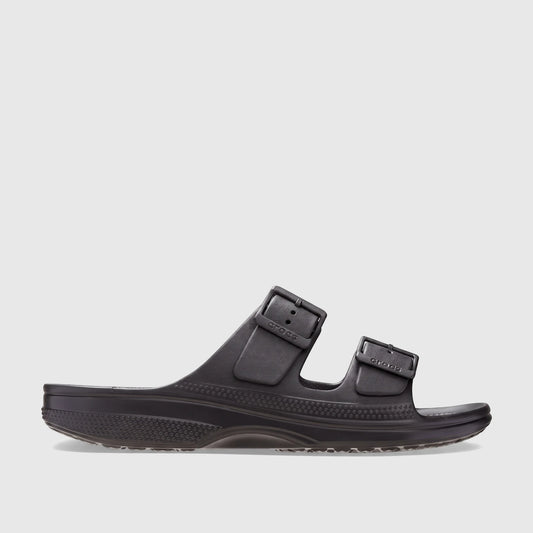Black Crocs Saturday Sandal with two adjustable straps and buckles, made from molded material, shown in a side profile view.