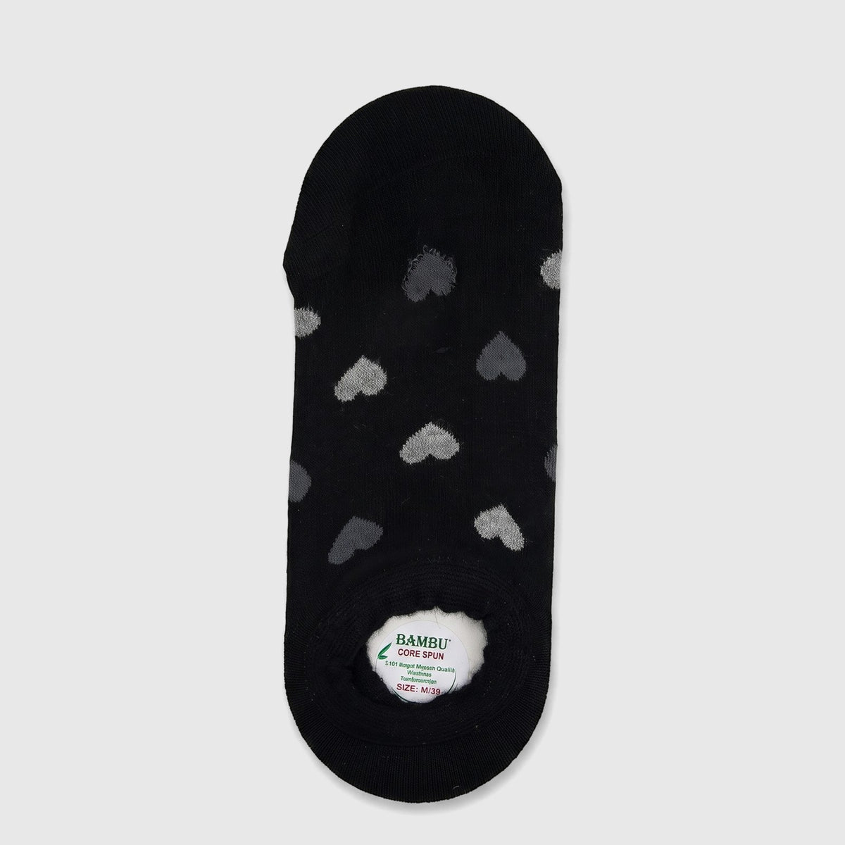 A single black ladies bamboo invisible sock with subtle grey heart patterns, laid flat on a surface.