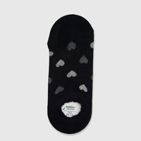 A single black ladies bamboo invisible sock with subtle grey heart patterns, laid flat on a surface.