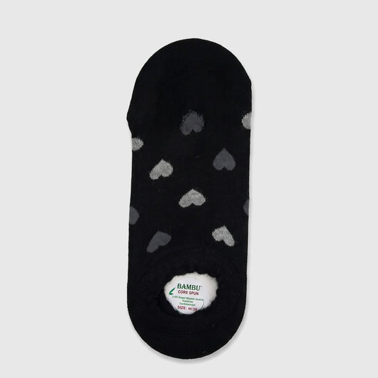 A single black ladies bamboo invisible sock with subtle grey heart patterns, laid flat on a surface.