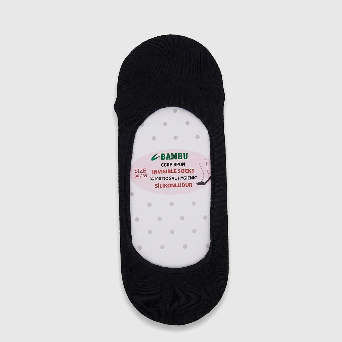 Black ladies bamboo invisible socks, size UK2 to UK6, presented in a flat-lay studio shot, showcasing their design and