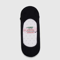 Black ladies bamboo invisible socks, size UK2 to UK6, presented in a flat-lay studio shot, showcasing their design and