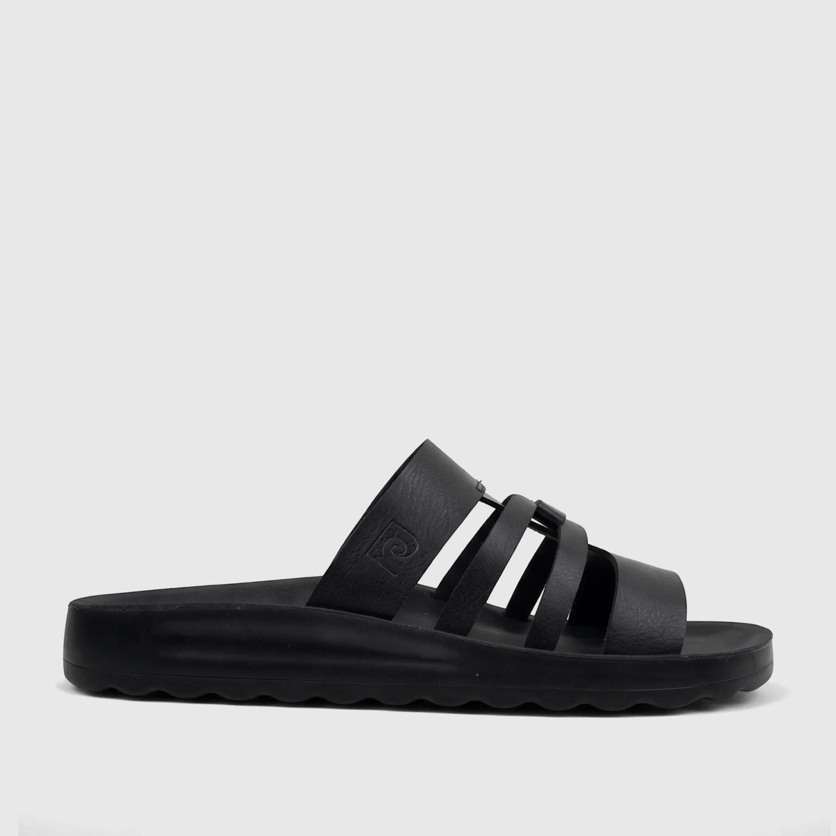 Black ladies' casual sandal with multiple straps and a textured sole, presented in a side profile view.