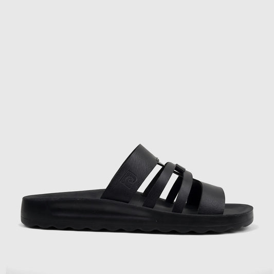Black ladies' casual sandal with multiple straps and a textured sole, presented in a side profile view.