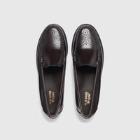 A pair of black leather Bass Men's Loafer Weejun Venetian Brogue shoes, visible from a top-down perspective.