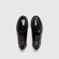 A pair of black leather Bass Weejun Logan penny loafers, viewed from above on a white background.